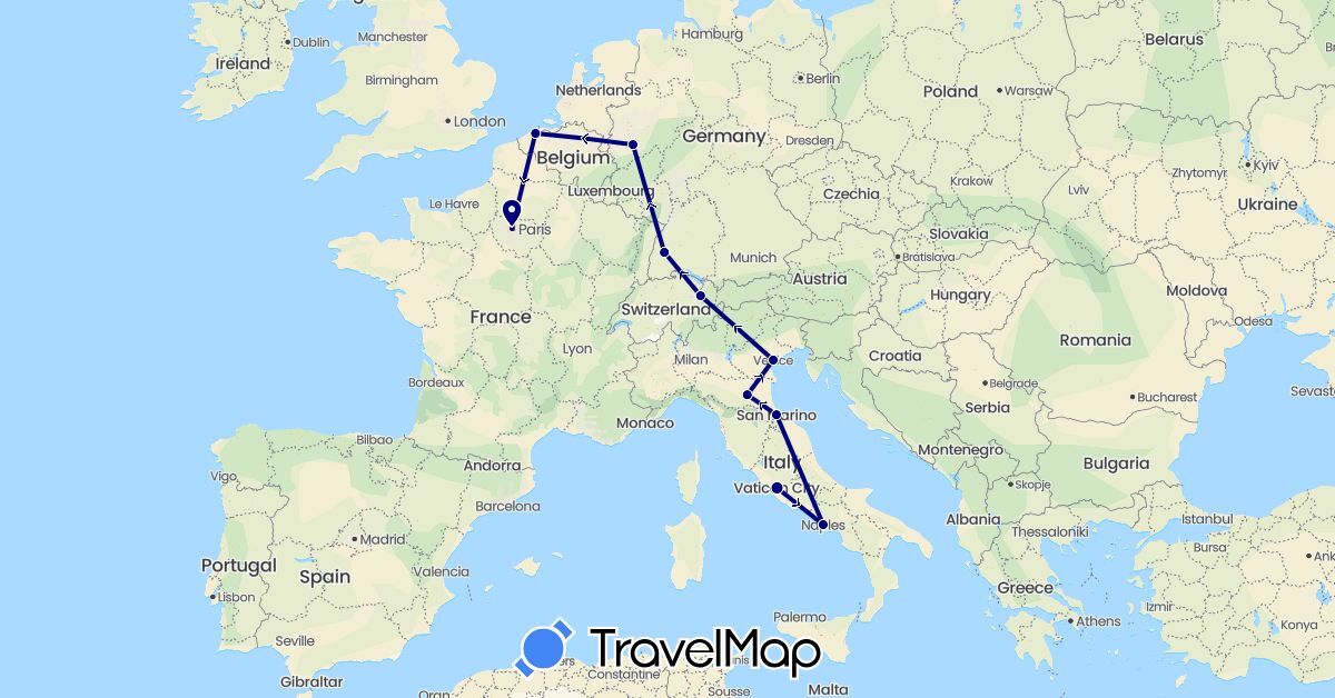 TravelMap itinerary: driving in Belgium, Germany, France, Italy, Liechtenstein, San Marino (Europe)